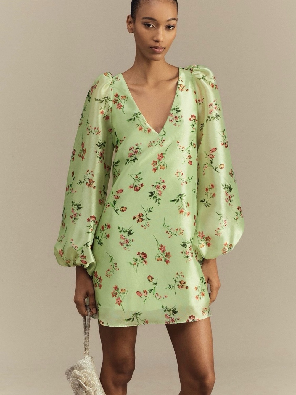 BHLDN Anthropologie Mint Green Floral V-Neck Puff Sleeve Dress